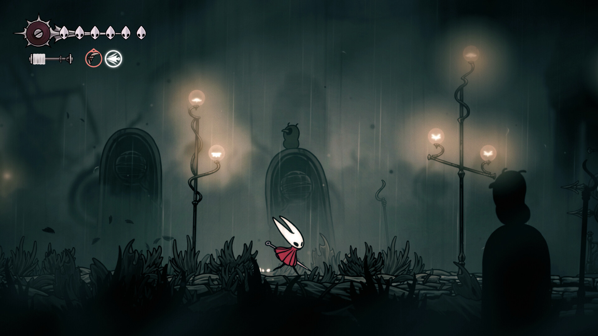Hornet runs through rain past gravestone-like arches and glowing lamp posts, with a large hooded silhouette watching from the right
